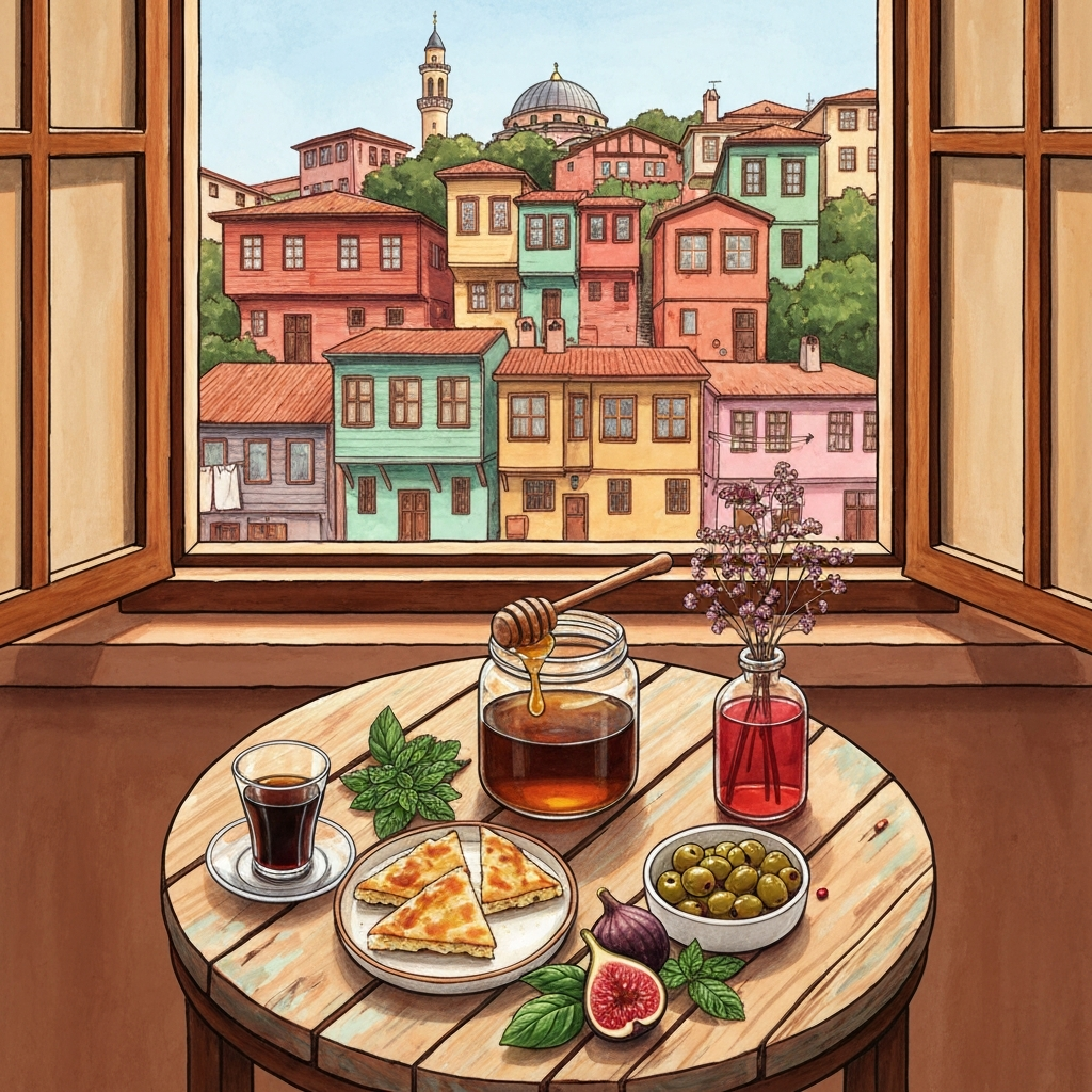 Illustrated Balat artisan-café table with cheese börek, çay, honey, olives and dried wildflowers, and the painted timber houses of Balat rising up the slope behind