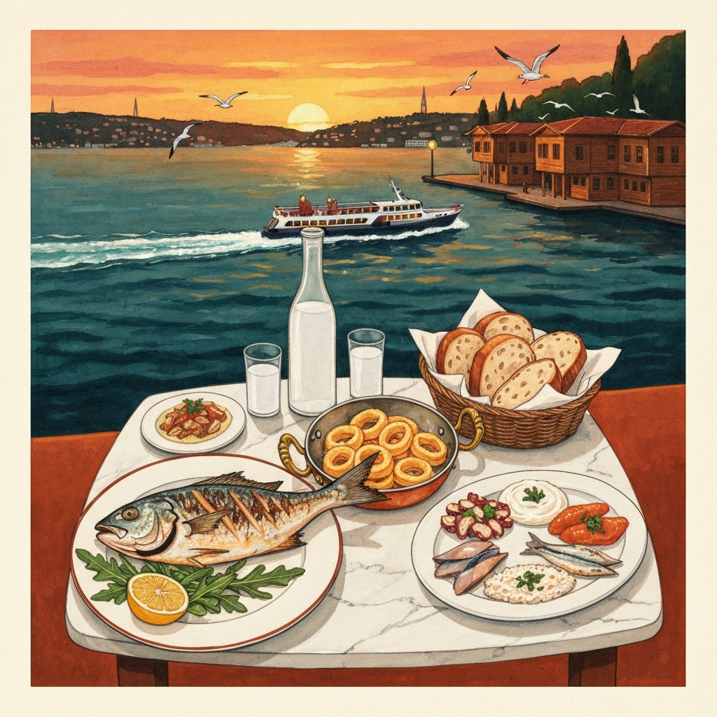 Illustrated Bosphorus-side fish meyhane spread at golden hour with a whole grilled lüfer, fried calamari, cold mezes and a carafe of rakı, with the European shore and a passing ferry in the background