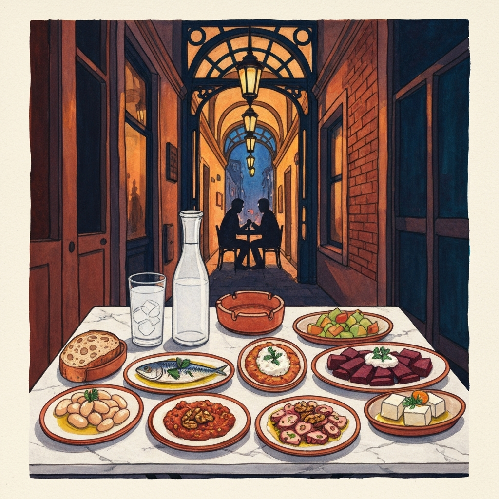 Illustrated meyhane meze table at dusk with a carafe of rakı and small plates of cold mezes