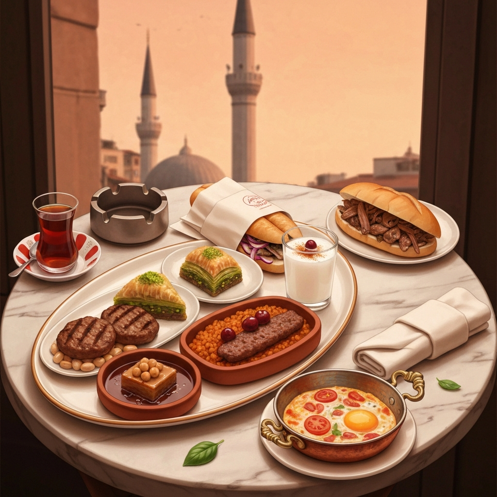 Illustrated platter of essential Istanbul dishes — köfte with piyaz beans, pistachio baklava, kokoreç sandwich, balık ekmek, sour-cherry kebab on bulgur, kazandibi, boza, menemen — on a marble café table with the silhouette of a mosque through the window