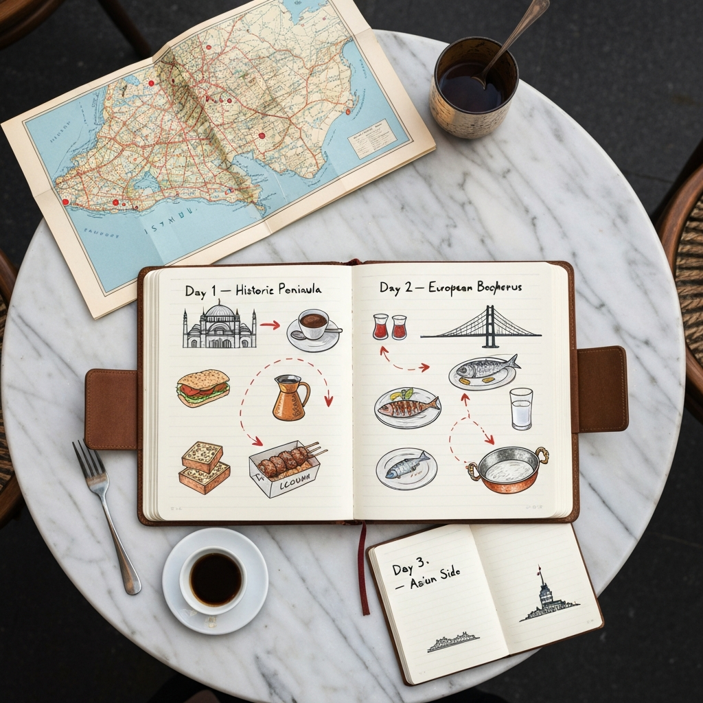 Illustrated overhead flatlay of a traveller's three-day Istanbul food itinerary on a marble café table: an open leather notebook with hand-drawn ink sketches and route arrows across two pages labelled Day 1 — Historic Peninsula and Day 2 — European Bosphorus, a third half-folded page labelled Day 3 — Asian Side, a folded paper map of Istanbul, a brass cezve with a porcelain demitasse of Turkish coffee and a piece of rose lokum, a tulip glass of black çay, a small dish of baklava, lokum and kashar, a leather wallet with an Istanbulkart