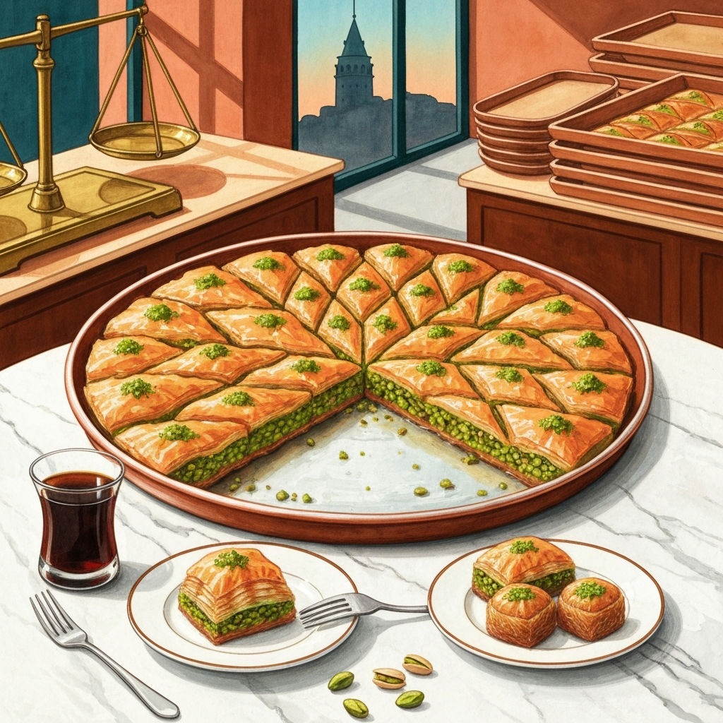 Illustrated round copper tray of pistachio baklava cut into diamond portions on a marble café table, with a smaller plate of rolled burma and şöbiyet pieces, a glass of çay, brass scales, a stack of trays, and the silhouette of the Galata Tower through the window