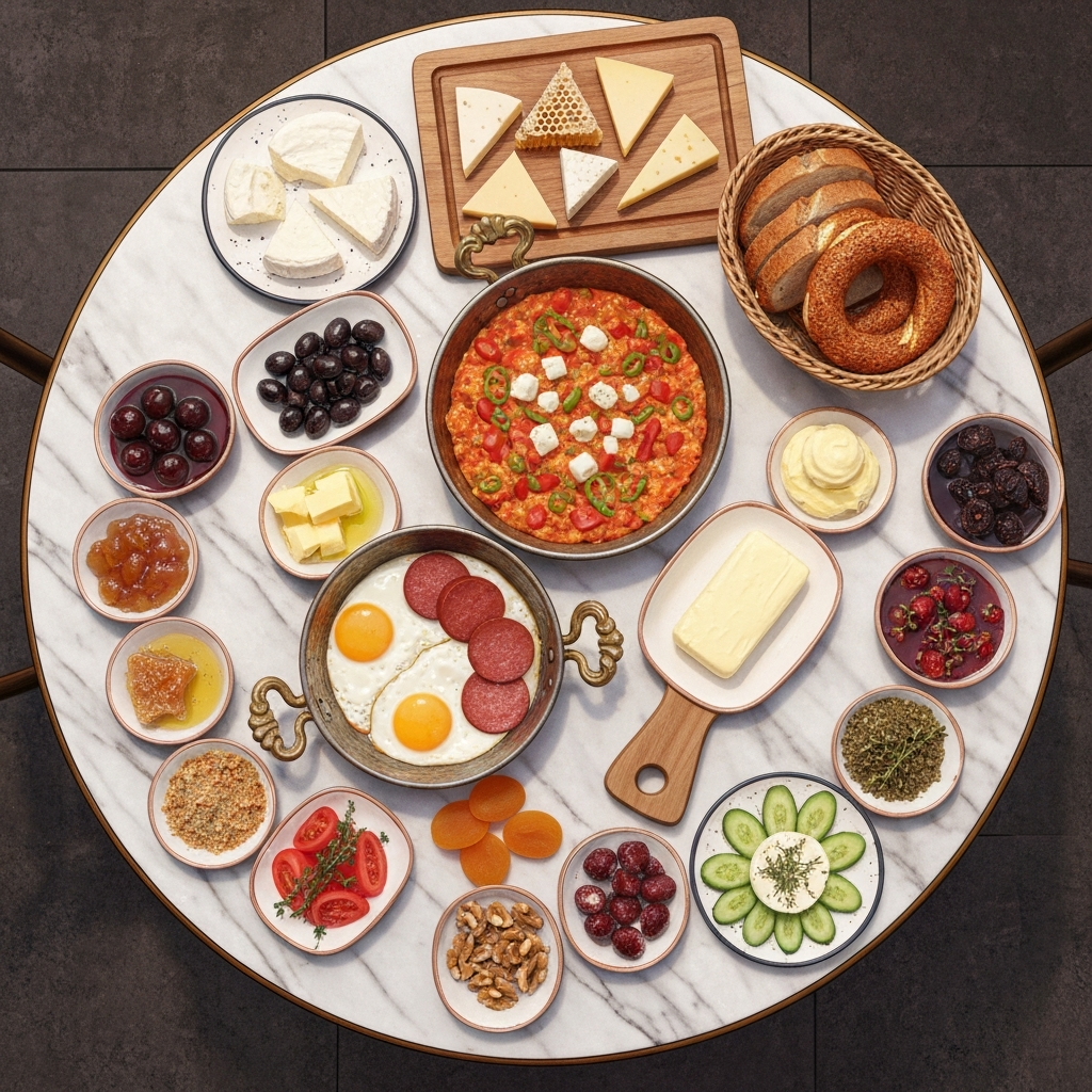 Illustrated overhead view of a sprawling Turkish breakfast (kahvaltı) on a large round marble café table — a central copper sahan of menemen, a smaller pan of sucuk and sunny-side eggs, a basket of warm sesame simit, a wooden cheese board with five wedges and a piece of honeycomb, bowls of olives, jewel-toned jams, sliced tomato and cucumber, çökelek with thyme, walnuts and dried apricots, two tulip glasses of black çay