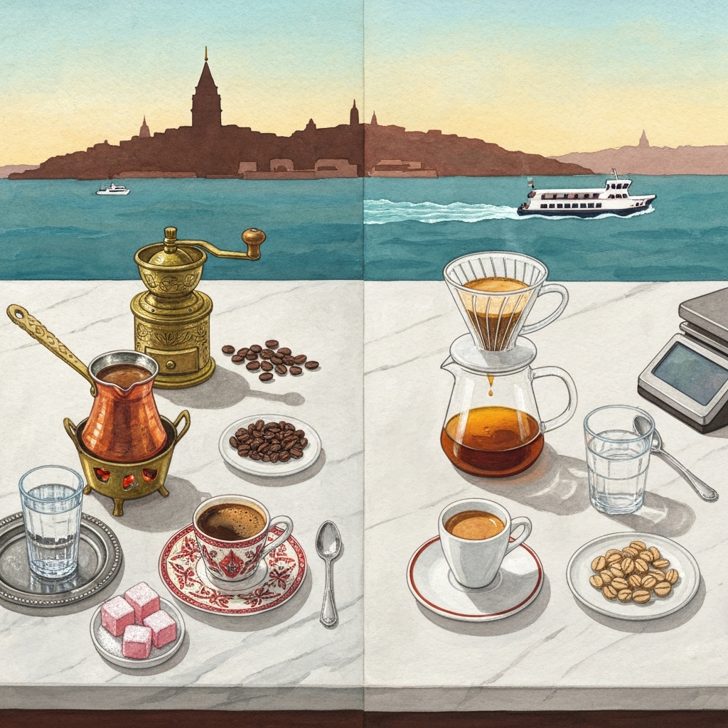 Illustrated diptych on a long marble café table — left: a copper cezve on a brass charcoal brazier with a porcelain demitasse and rose lokum; right: a V60 pour-over dripper with a glass carafe, espresso cup and kitchen scale; the Galata Tower silhouette behind