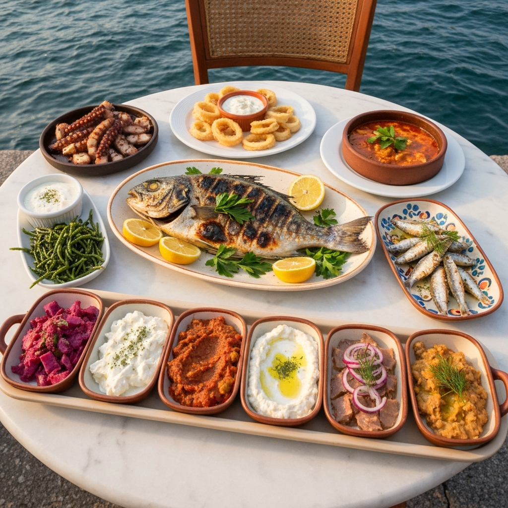 Illustrated Istanbul fish meyhane spread on a marble table at golden hour: whole grilled bluefish (lüfer) on an oval platter as the centrepiece, charcoal-grilled sea bass, fried calamari, fried hamsi, grilled octopus, a long meze trolley plate of six cold mezes (çoban salata, samphire, haydari, ezme, fava, lakerda), a clay pot of bubbling shrimp casserole, a carafe of rakı with two tulip glasses (one clear, one cloudy aslan sütü), with the European Bosphorus shore and a passing ferry in the background
