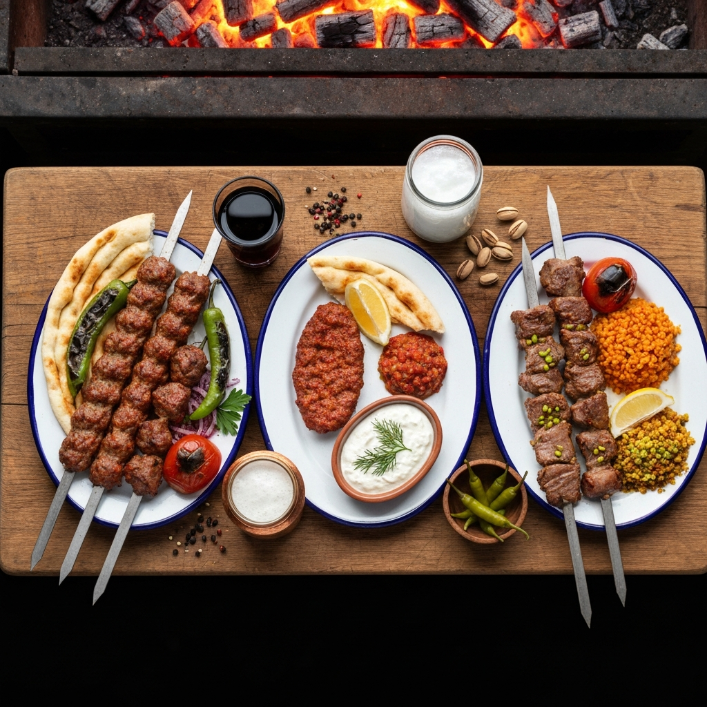 Illustrated triptych of three Turkish charcoal grills — a skewer of hand-chopped Adana kebab over glowing coals, a horizontal cağ kebabı skewer carved onto lavash, and a plate of grilled köfte with green peppers and tomatoes