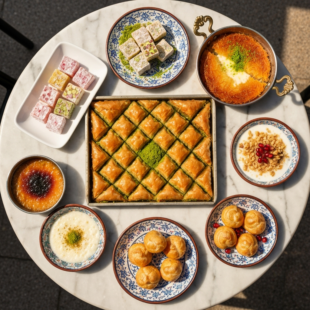 Illustrated overhead spread of a Turkish dessert table on a round marble café at golden hour: a central diamond-cut tray of pistachio baklava with bright emerald Antep-pistachio crumb, a small dish of rose-and-pistachio lokum, a copper pan of freshly-baked künefe with melted white cheese, two small bowls of kazandibi and sütlaç, a dish of keşkül, profiterol drowned in cocoa sauce, two scoops of Maraş dondurma stretching between them, a small board of revani and şöbiyet, two tulip glasses of black çay, a copper teapot and a dish of Antep pistachios