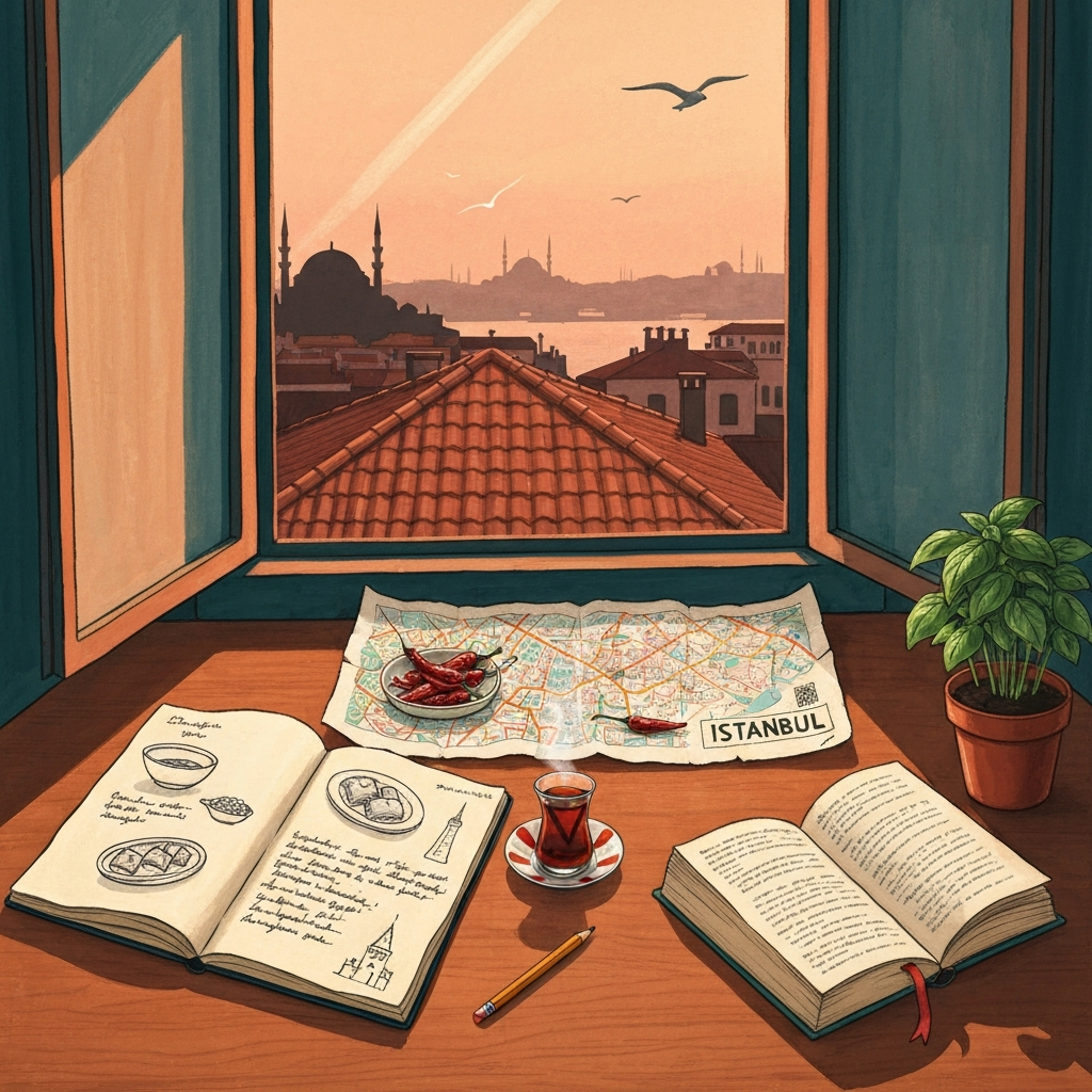 Illustrated editor's desk in an Istanbul apartment at golden hour, with notebook, tea glass, paper map and basil pot