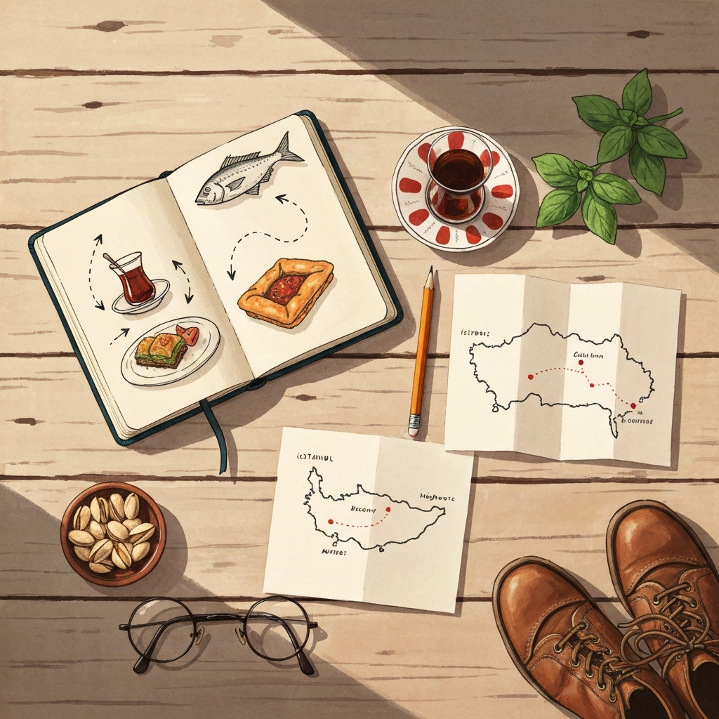 Illustrated overhead flatlay of a traveller's planning desk in an Istanbul café: an open hardcover notebook with hand-drawn ink sketches of a tulip tea glass, a fish, a baklava diamond, a meze plate and a slice of börek; a tulip-shaped çay glass on a saucer; a pair of brown leather walking boots; a folded paper map showing the Istanbul coastline with red dotted route lines; a small ceramic dish of pistachios; a sprig of basil; a pair of round wire-rimmed reading glasses