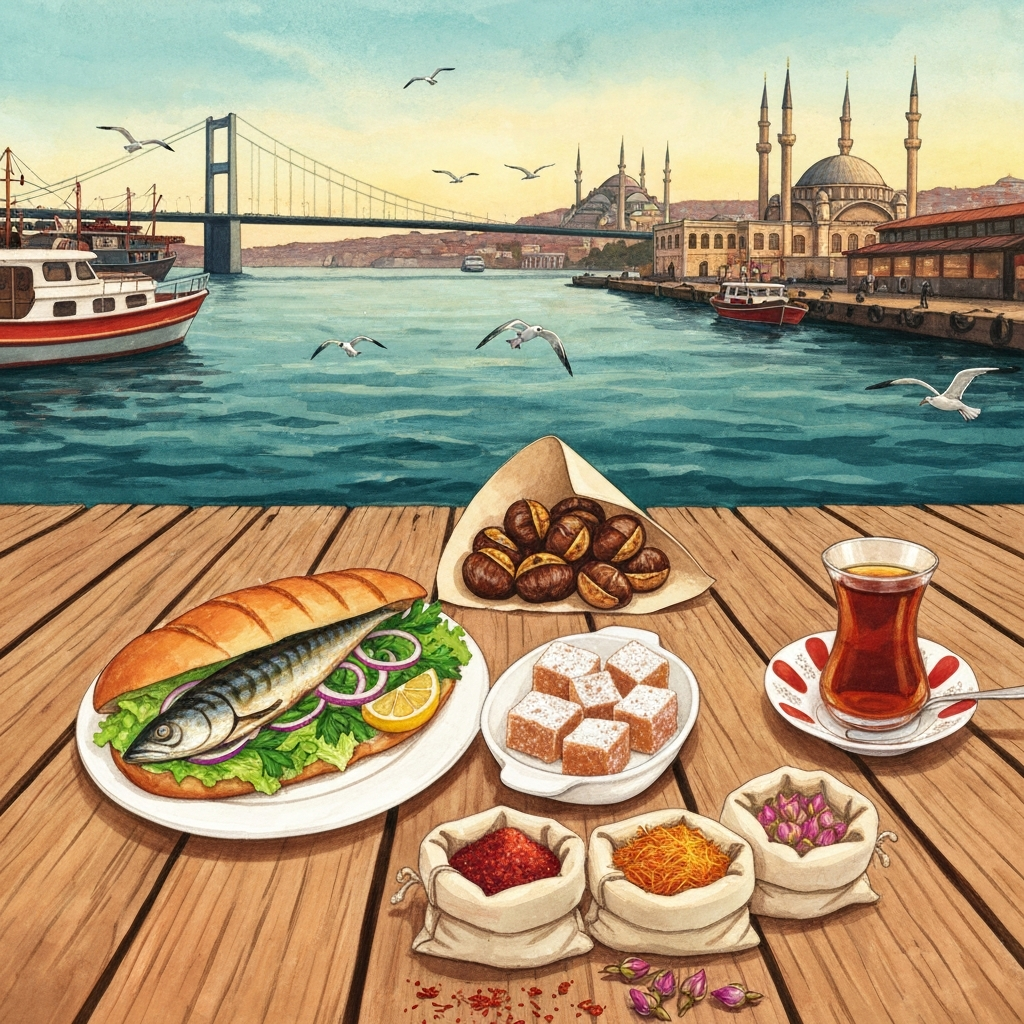Illustrated Eminönü waterfront food spread on a dockside wooden table at golden hour with balık ekmek, roasted chestnuts, lokum, three open spice sacks and a tulip glass of çay, with the Galata Bridge and the Yeni Cami in the background
