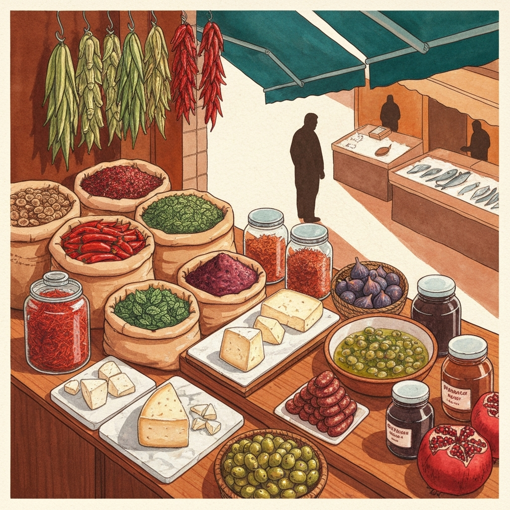 Illustrated Kadıköy market stall: hanging strings of green and red dried peppers, sacks of spices, jars of saffron and sumac, wedges of beyaz peynir cheese on marble, a basket of figs, and the fishmonger's counter in the background
