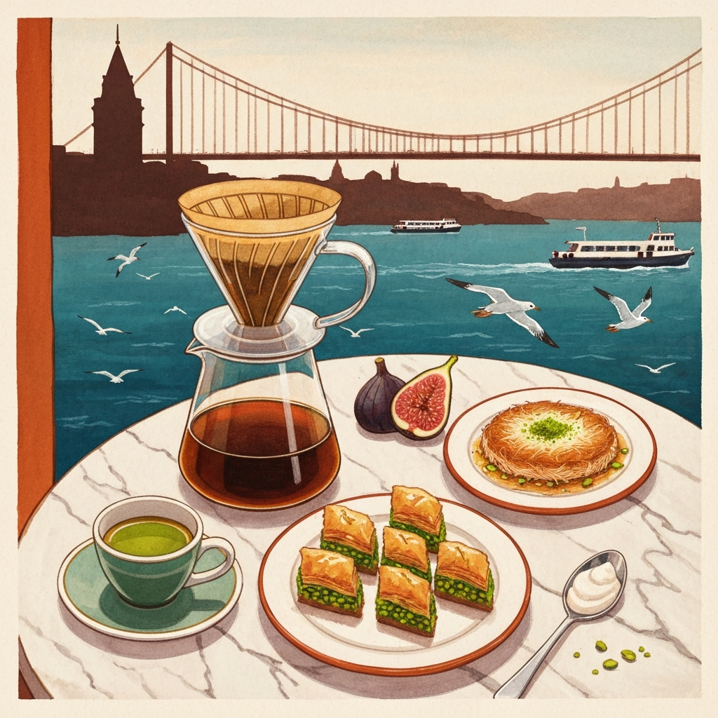 Illustrated Karaköy café table with pour-over coffee, pistachio baklava, and the Galata Tower silhouette in the background