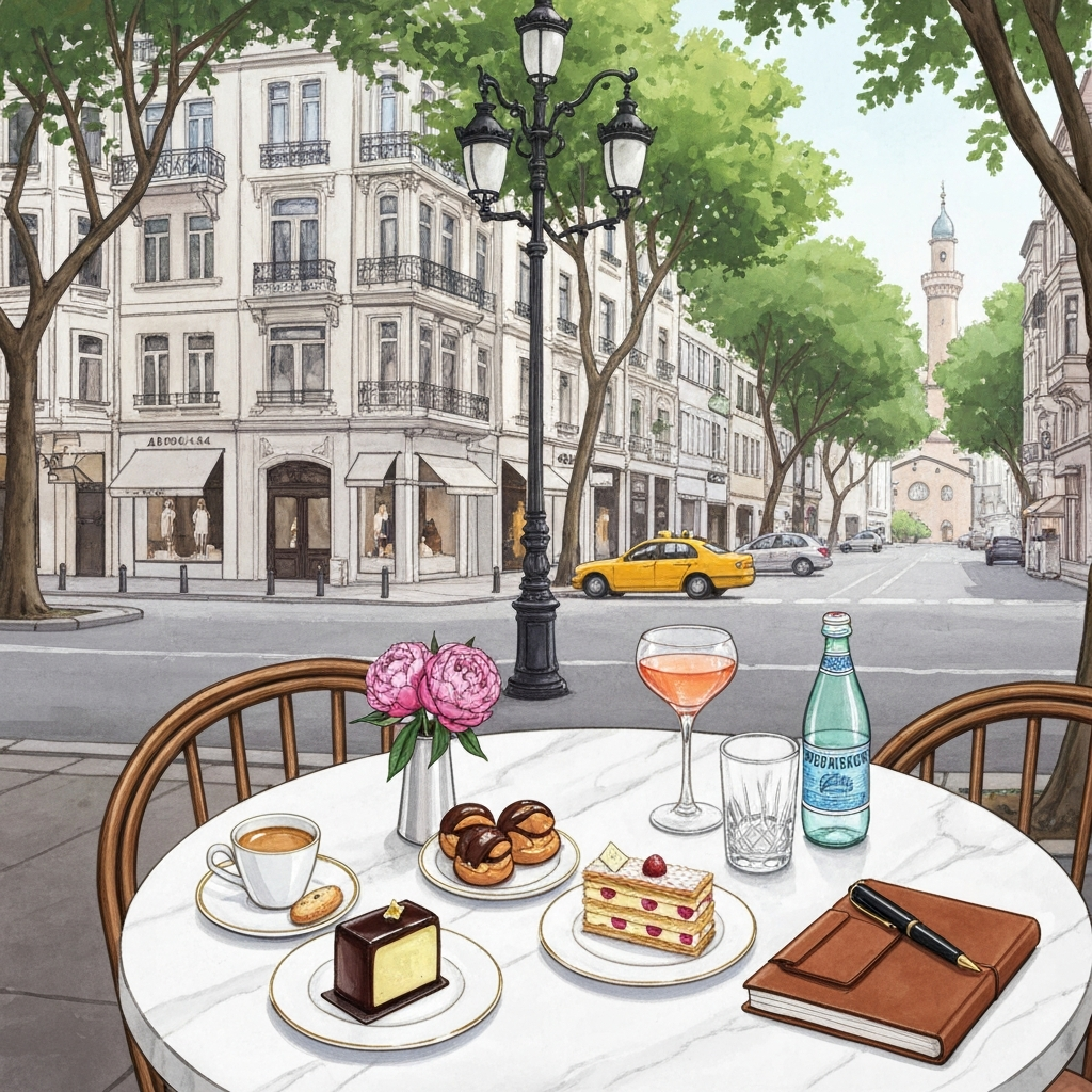 Illustrated Nişantaşı pâtisserie table on a marble café table on Abdi İpekçi Caddesi with an entremet, a mille-feuille, profiteroles and an espresso, with the tree-lined boulevard and the Teşvikiye Camii clock tower behind