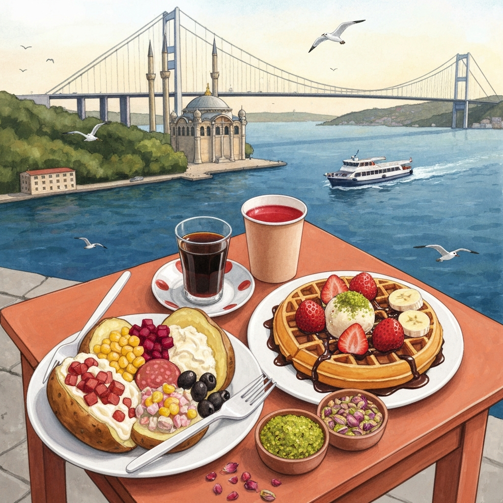 Illustrated Ortaköy waterfront-square table with kumpir, a topped Belgian-style waffle, çay and pomegranate juice, with the Mecidiye Camii and the 1973 Bosphorus Bridge behind