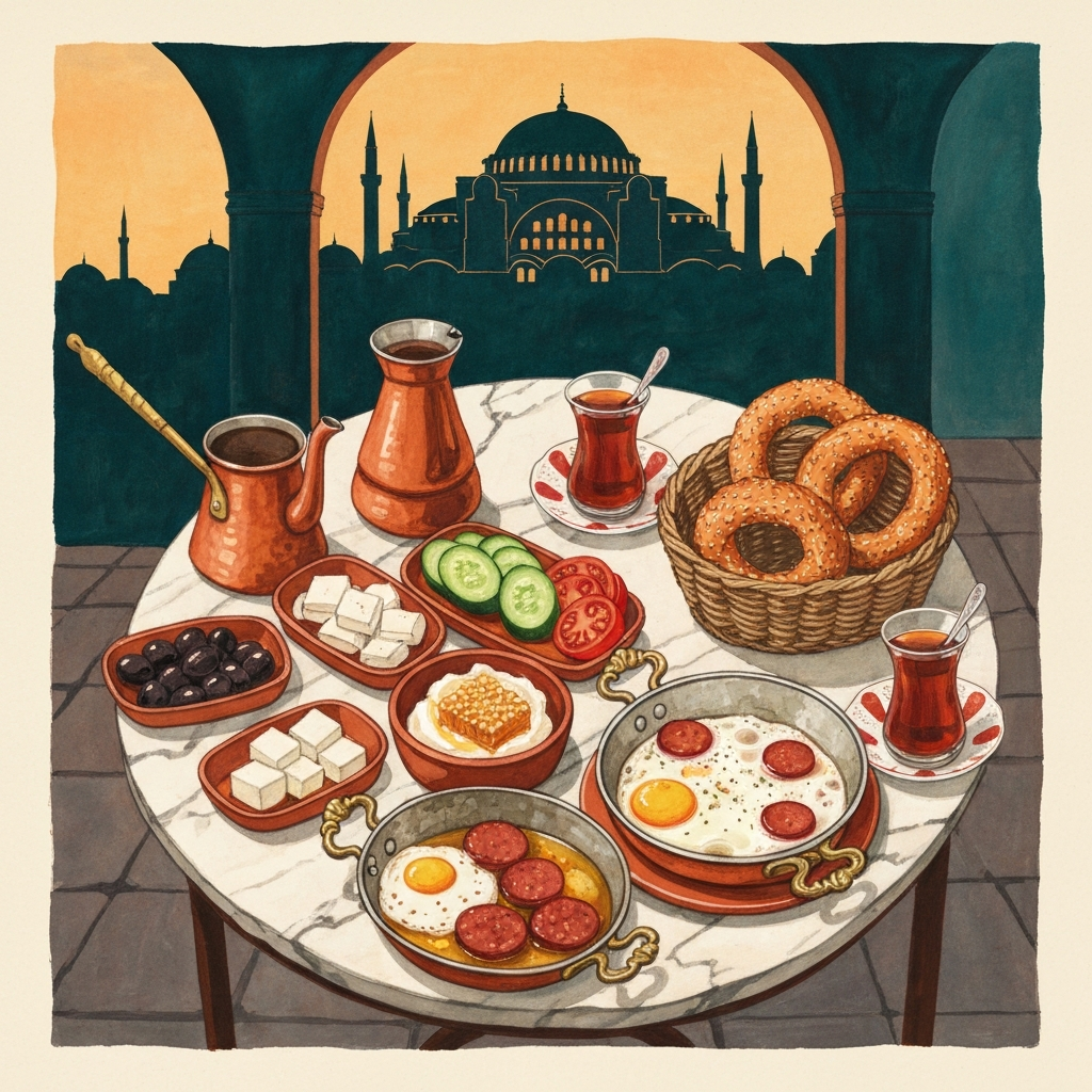 Illustrated Ottoman breakfast spread on a marble table with Hagia Sophia in the background