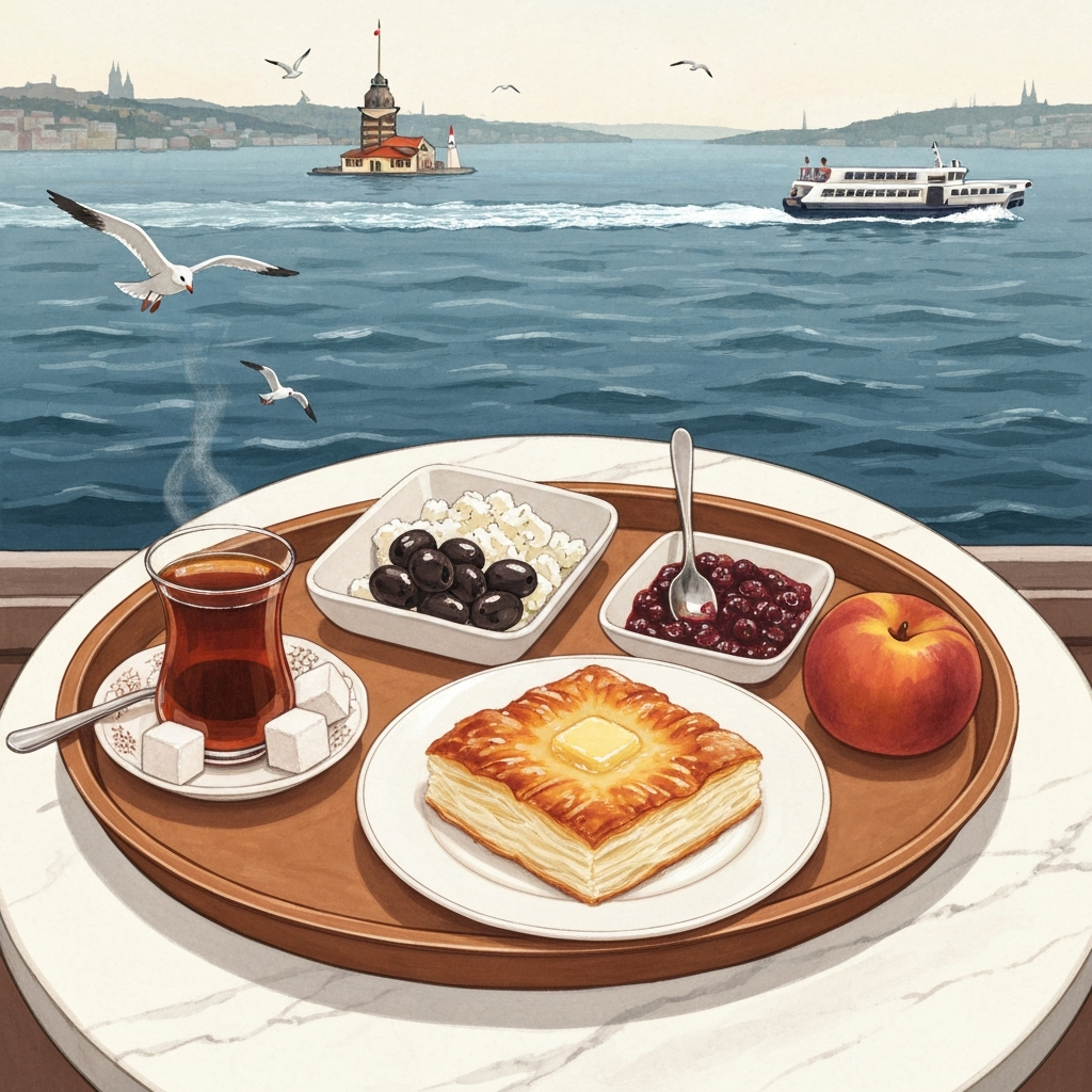 Illustrated Üsküdar waterfront tea-garden tray with a tulip glass of çay, golden su böreği, a dish of olives and feta, sour-cherry jam and a peach, with the Maiden's Tower in the strait behind